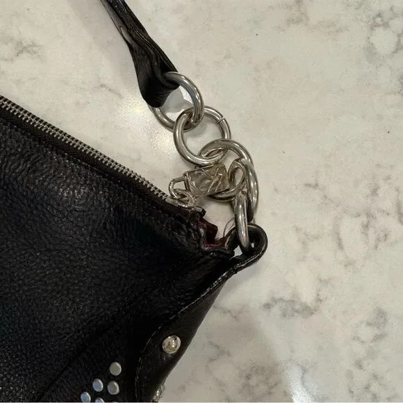 Vintage FURLA Black Studded Leather Hobo Shoulder Bag – Made in Italy